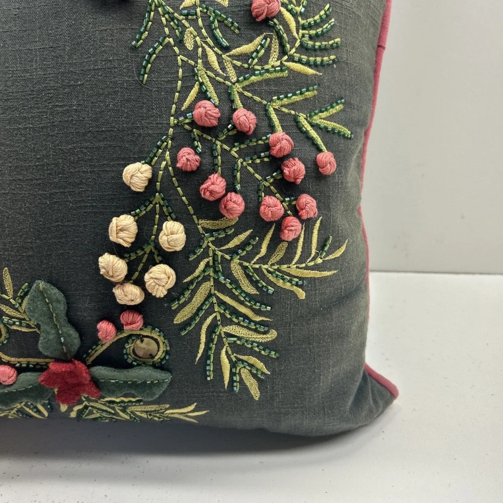 Devi Designs 18x18 Embroidered Floral Throw Pillow Beaded 3D Flowers Boho